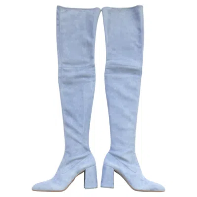 Pre-owned Miuccia Prada Prada Fall 2015 Powder Blue Suede Over The Knee Boots