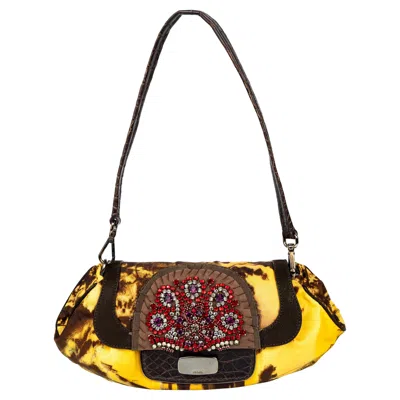 Pre-owned Miuccia Prada Prada Fall/winter 2004 Jewel-embellished Printed Satin Shoulder Crocodile Bag In Brown