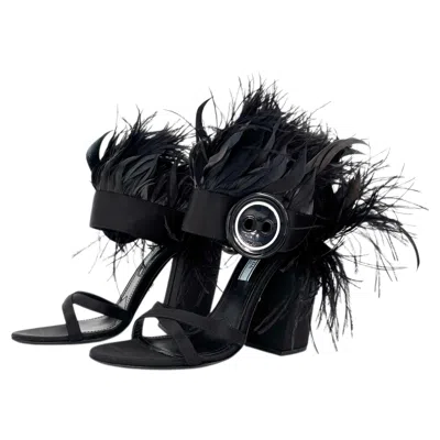 Pre-owned Miuccia Prada Prada Ostrich Feather And Button Detail Satin Block Heel Sandals 38 In Black