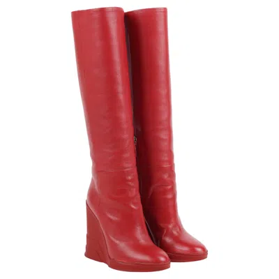 Pre-owned Miuccia Prada Prada Red Leather Knee-high Wedge Boots – Runway & Campaign, F/w 2014 Size 37