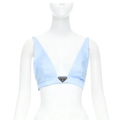 Pre-owned Miuccia Prada Prada Re-nylon Light Blue Triangle Logo Plunge Crop Top Bustier Bralette It38 Xs