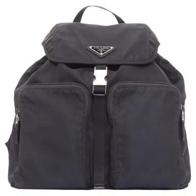 Pre-owned Miuccia Prada Prada Re-nylon Technical Silver Triangle Buckle Dual Pocket Small Backpack Bag In Black