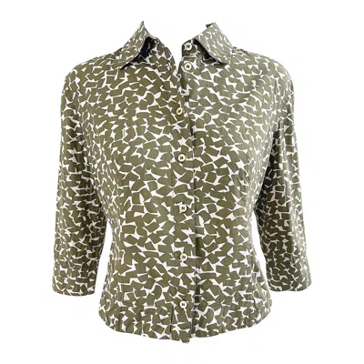 Pre-owned Miuccia Prada Prada Spring 2002 Size 38 Hunter Green + White Abstract Logo Print Shirt Blouse