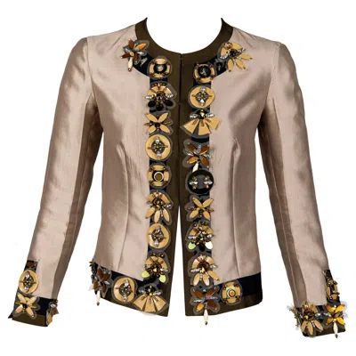 Pre-owned Miuccia Prada Prada Spring 2005 Embellished Wool-silk Jacket With Crystal Appliqu� In Brown