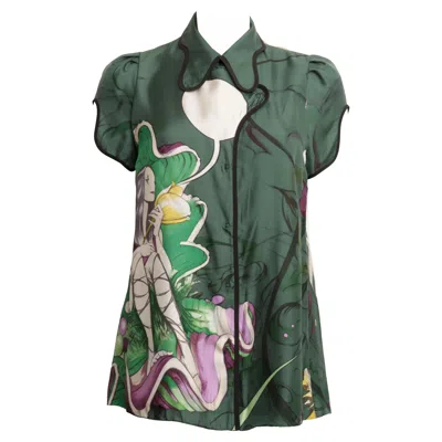 Pre-owned Miuccia Prada Prada Spring / Summer 2008 Runway James Jean Fairy Print Top In Green Silk