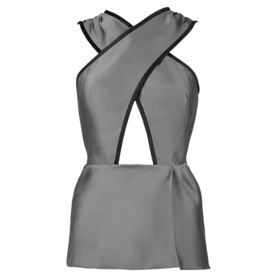 Pre-owned Miuccia Prada Prada Spring/summer 2010 Runway Silver-grey Silk-blend Cut-out Peplum Top It38 In Gray