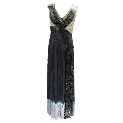 Pre-owned Miuccia Prada Prada Ss 2004 Asymmetric Silk Navy Tie Dye Evening Gown With Sequin Wrap Panel In Blue