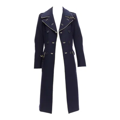 Pre-owned Miuccia Prada Rare Prada 2004 Runway Navy Wool Grommet Leather Longline Officer Coat It36 Xxs In Blue