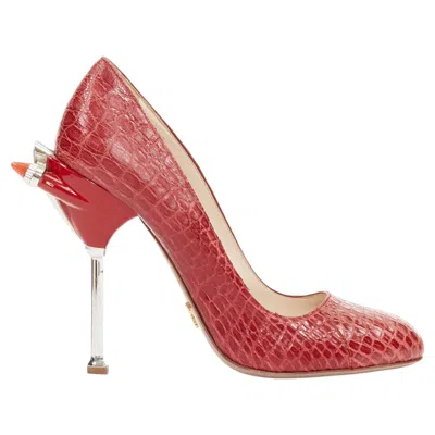 Pre-owned Miuccia Prada Rare Prada 2012 Runway 50s Hot Rod Red Croc Red Rocket Flame Heel Pump Eu36