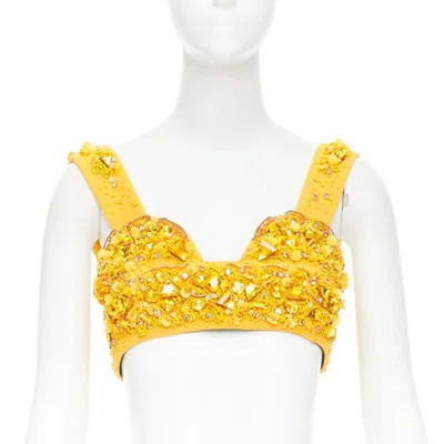 Pre-owned Miuccia Prada Rare Prada 2014 Runway Yellow Wool Crystal Jewel Encrusted Bustier Top It38 Xs