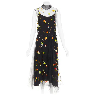 Pre-owned Miuccia Prada Rare Prada 2018 Runway Abito Multi Tulle Sporty Logo Dress It42 M In Black