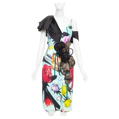 Pre-owned Miuccia Prada Rare Prada 2019 Runway Floral Print Cascade Rosette Applique Dress It38 Xs In Gray