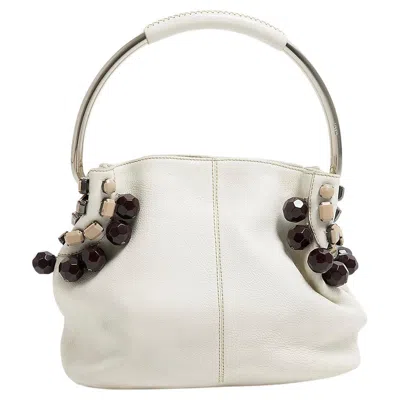 Pre-owned Miuccia Prada S/s 2003 Prada Off-white Beaded Leather & Silver Metal Top Handle Hobo Bag In Sand