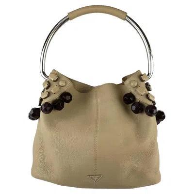Pre-owned Miuccia Prada S/s 2003 Prada Oversized Beaded Leather & Metal Hoop Ring Medium Hobo Bag In Brown