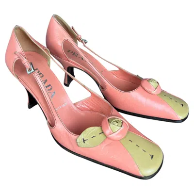 Pre-owned Miuccia Prada Vintage Fall 2003 Prada Peach And Camel Leather Rosette Kitten Heel Pumps In Brown
