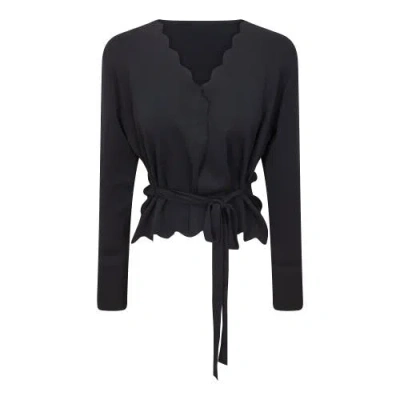 Miumax Scalloped Edge Tie Belt Knit Cardigan In Black