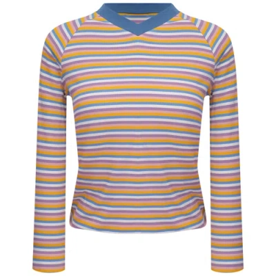 Miumax Striped Rib Knit Raglan Long Sleeve V-neck Tee In Multi