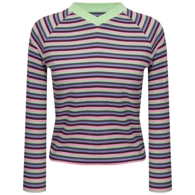 Miumax Striped Rib Knit Raglan Long Sleeve V-neck Tee In Multi