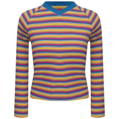 Miumax Striped Rib Knit Raglan Long Sleeve V-neck Tee In Multi