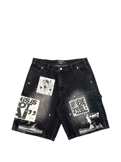 Mixed Emotion Ai Patchwork Denim Shorts In Black
