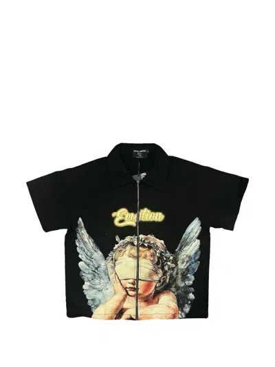 Mixed Emotion Blindfolded Angel Zip-up Shirt In Black