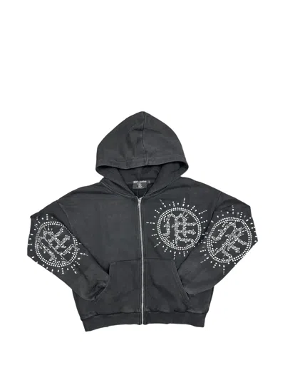 Mixed Emotion Eclipse Rhinestone-embellished Zip-up Cotton Hoodie In Gray