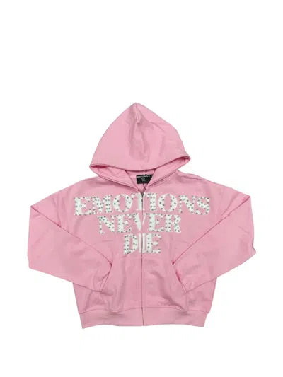 Mixed Emotion End Rhinestone-embellished Zip-up Hoodie In Pink