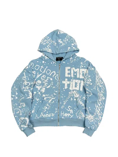 Mixed Emotion Graffiti-print Zip-up Hoodie In Blue