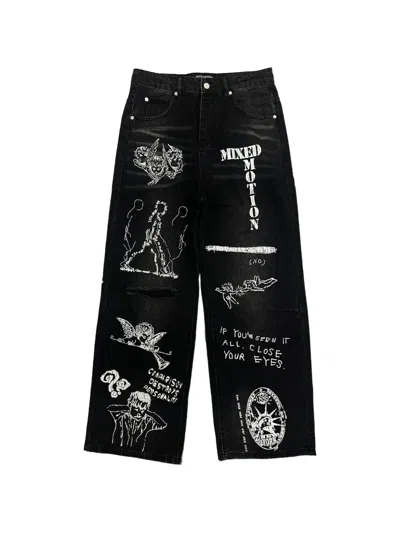 Mixed Emotion Graphic-print Distressed Jeans In Black