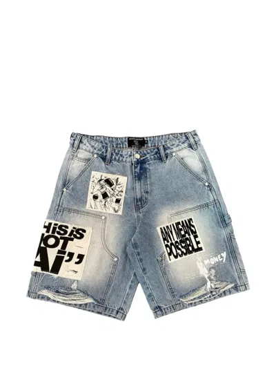 Mixed Emotion Patchwork Distressed Denim Shorts In Blue