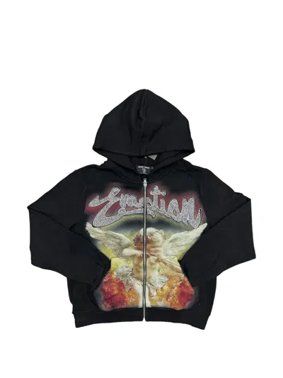 Mixed Emotion Rhinestone Graphic-print Zip-up Hoodie In Black