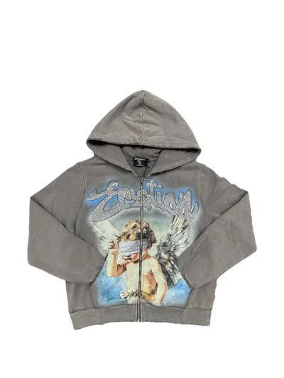 Mixed Emotion Rhinestone Graphic-print Zip-up Hoodie In Gray