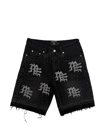 Mixed Emotion Rhinestone-embellished Frayed Denim Shorts In Black