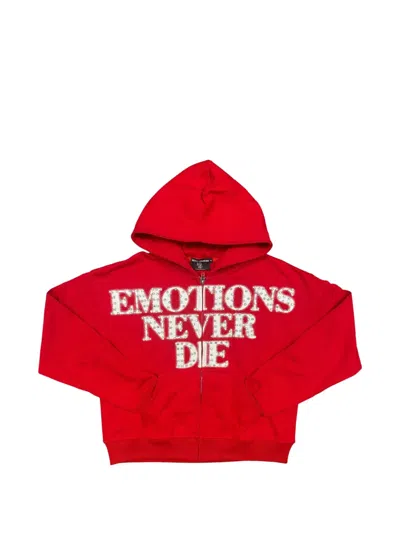 Mixed Emotion Rhinestone-embellished Zip-up Hoodie In Red