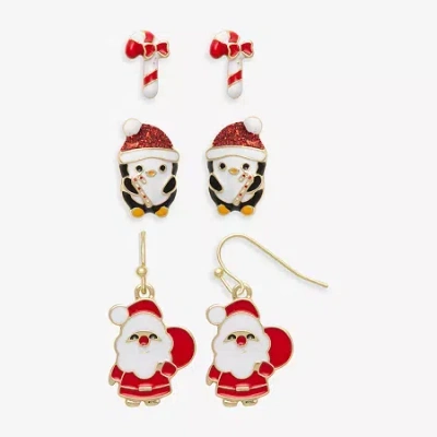 Mixit Gold Tone Candy Cane; Bell & Santa Womens 3 Pair Earring Set In Red