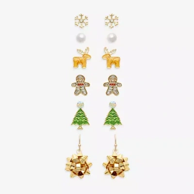 Mixit Gold Tone Christmas Tree & Snowflake Womens Multi Color Glass 6 Pair Earring Set