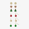 Mixit Gold Tone Snowflake; Christmas Tree; Reindeer & Bells Womens Multi Color Glass 6 Pair Earring Set In Multi