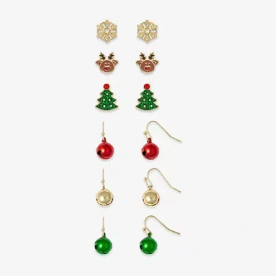 Mixit Gold Tone Snowflake; Christmas Tree; Reindeer & Bells Womens Multi Color Glass 6 Pair Earring Set