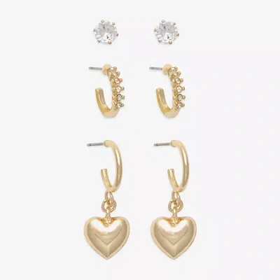 Mixit Gold Tone Stud & Hoop Womens Cubic Zirconia Heart Hypoallergenic 3 Pair Earring Set