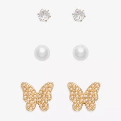 Mixit Gold Tone Stud Womens Cubic Zirconia Simulated Pearl Butterfly Hypoallergenic 3 Pair Earring Set In Silver