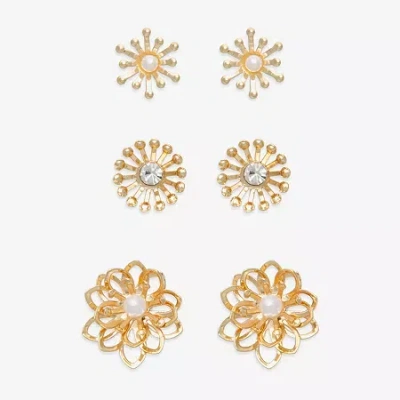 Mixit Gold Tone Stud Womens Glass Flower Hypoallergenic 3 Pair Earring Set