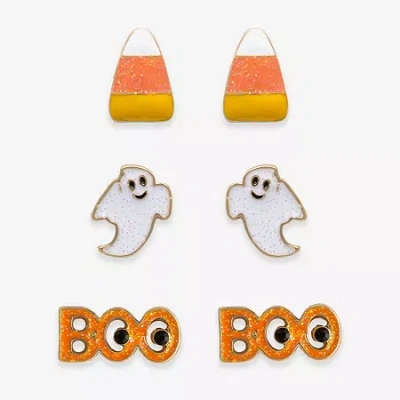 Mixit Halloween Candy Corn Ghost & Boo Womens Black Glass 3 Pair Earring Set In Multi