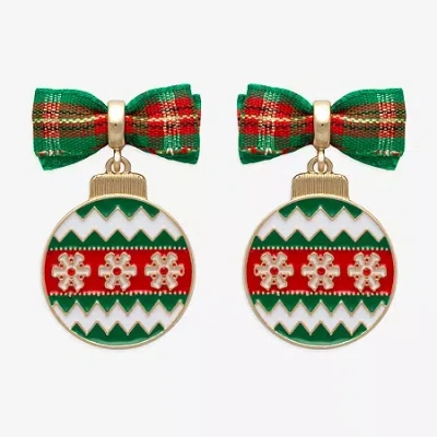 Mixit Holiday Bow And Ornament Multi Color Glass Stainless Steel 22.4mm Stud Earrings In Green