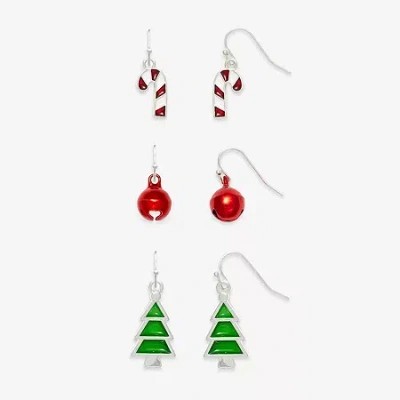 Mixit Silver Tone Bell; Candy Cane & Christmas Tree Womens Multi Color Glass 3 Pair Earring Set