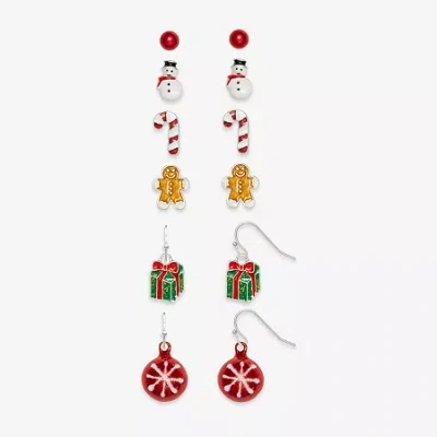 Mixit Silver Tone Gingerbread; Snowman & Candy Cane Womens 6 Pair Earring Set In Multi