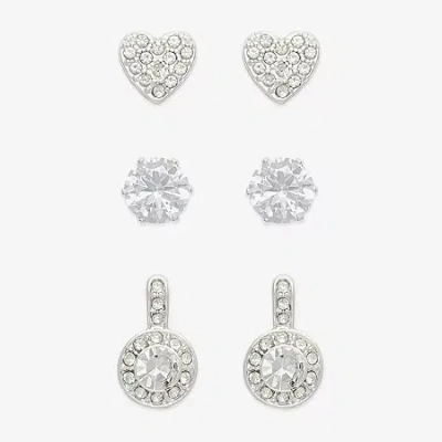 Mixit Silver Tone Stud Womens Cubic Zirconia Heart Round 3 Pair Earring Set In Metallic