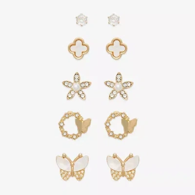 Mixit Stud Womens Cubic Zirconia Butterfly Flower 5 Pair Earring Set In Gold