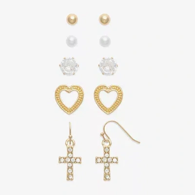 Mixit Stud Womens Cubic Zirconia Cross Heart 5 Pair Earring Set In Gold