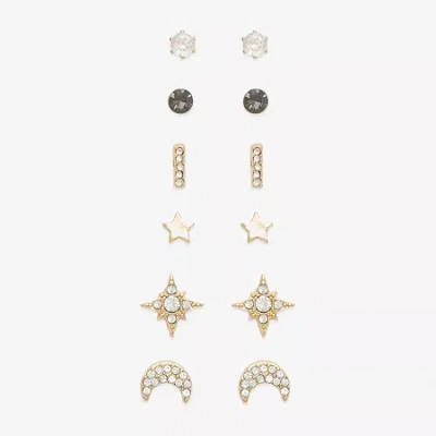 Mixit Stud Womens Cubic Zirconia Moon Star 6 Pair Earring Set In Gold