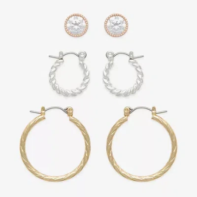 Mixit Two Tone Hoop & Stud Womens Cubic Zirconia 3 Pair Earring Set In Gold